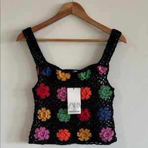 NWT ZARA Black Crochet Tank Top with Multicolor Floral Motifs